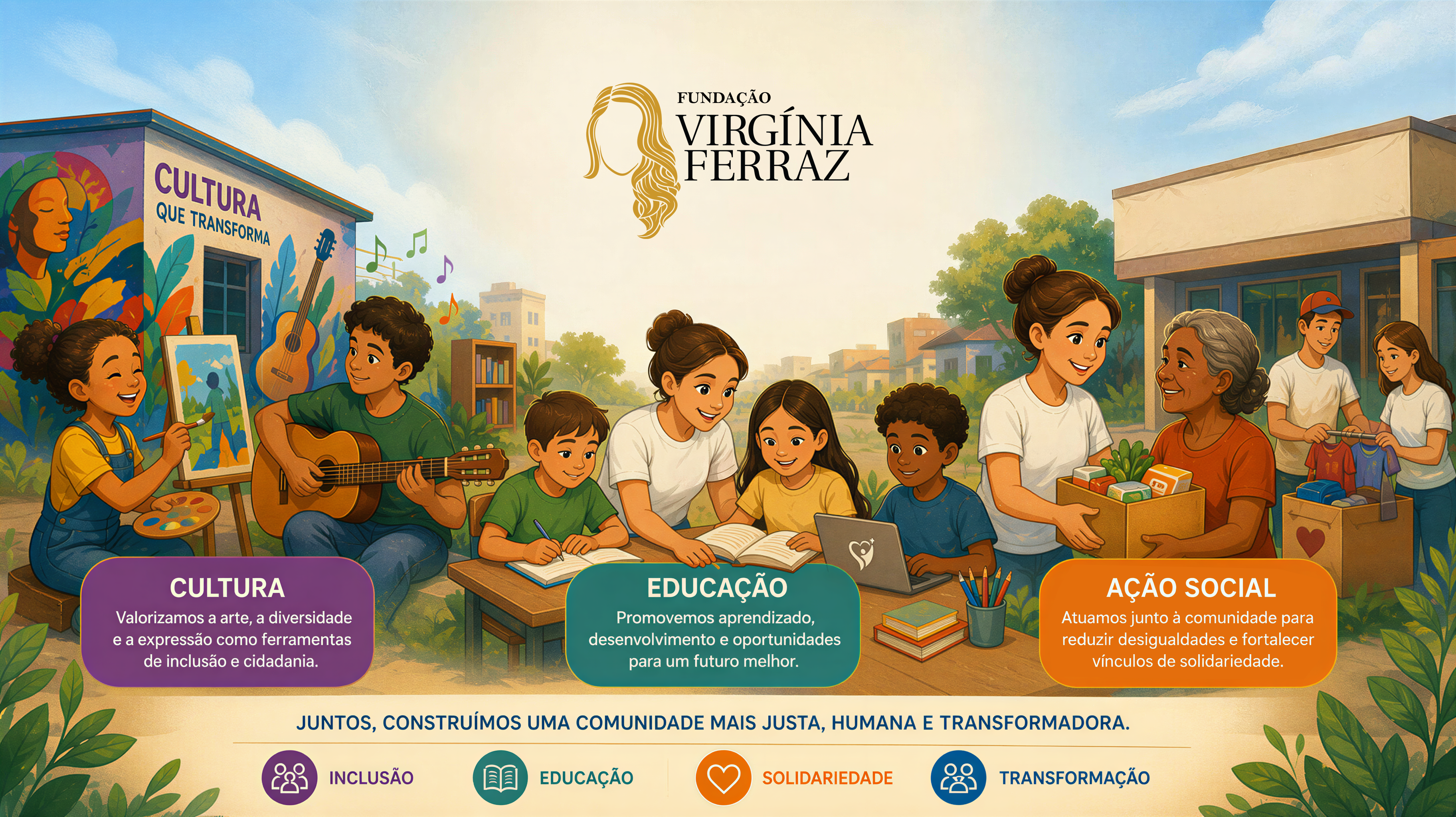 Ilustração da Fundação Virgínia Ferraz mostrando crianças e voluntários em atividades de arte, música, estudo e doação, com os selos "Cultura", "Educação" e "Ação Social", a frase "Juntos, construímos uma comunidade mais justa, humana e transformadora" e os valores de inclusão, educação, solidariedade e transformação.